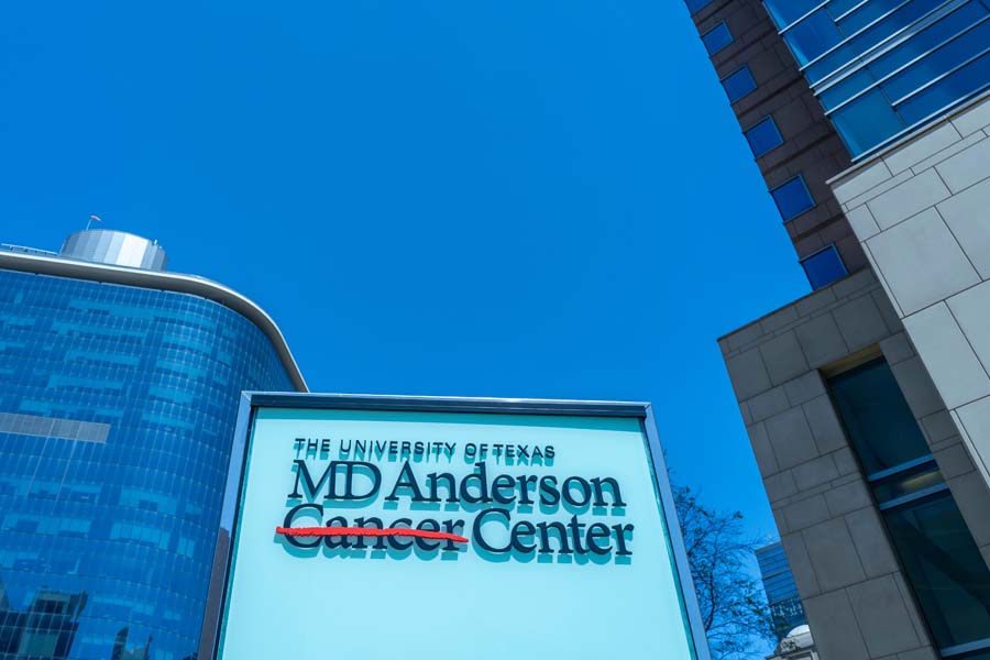 Signage of The University of Texas MD Anderson Cancer Center, a leading cancer treatment and research facility